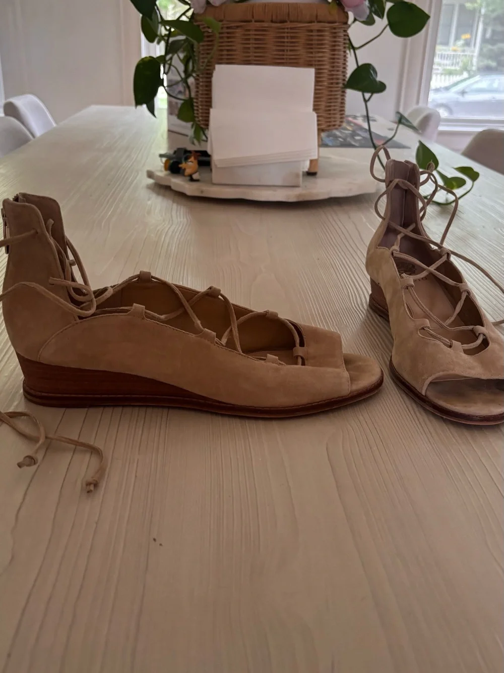 Vince Camuto Tan Suede Lace-Up Peep Toe Wedges
